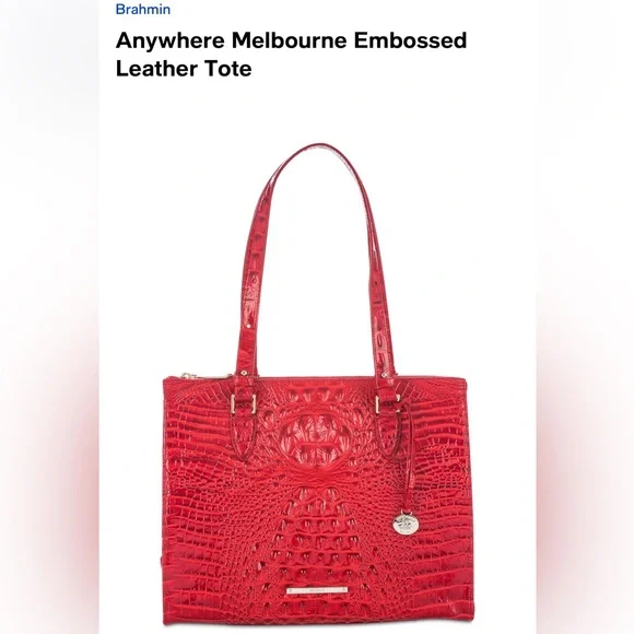 Used Once Brahmin Anywhere Melbourne Embossed Leather Tote Color:Red Carnation - Picture 4 of 9